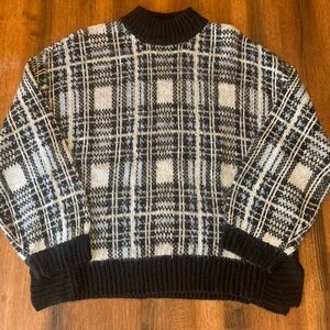 Nine West Sweater XL Black White Light Blue Plaid Knit Puff Sleeves Thick Warm